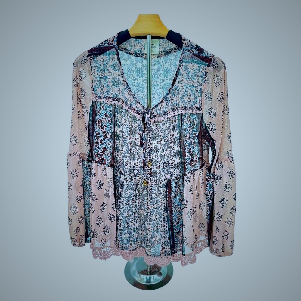 Knox Rose Boho Paisley Peasant Patchwork Blouse W/ Crochet hem, flowy fit, Sz S.